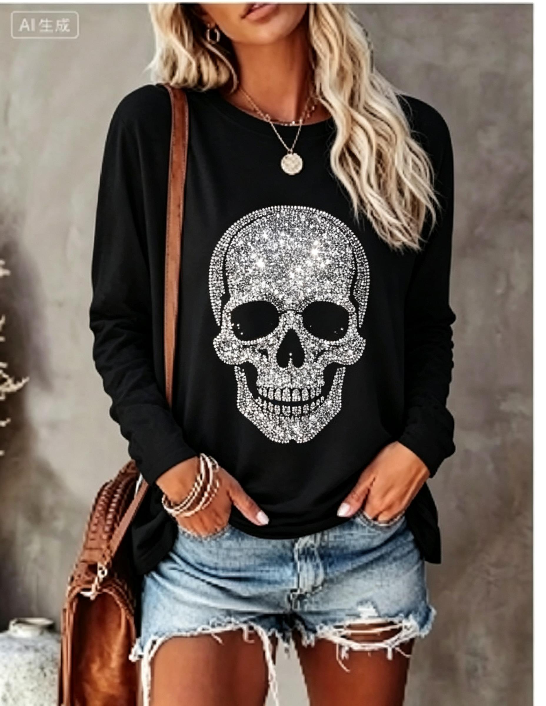 Wallpaper - Women Long Sleeve T‑Shirt Simulated Rhinestone