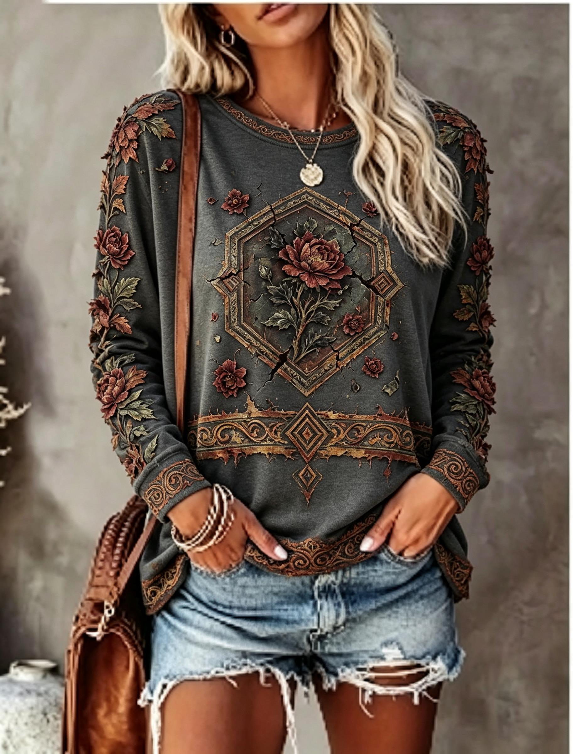Women Crew Neck Long Sleeve T‑ - Wallpaper ulasan dan harga